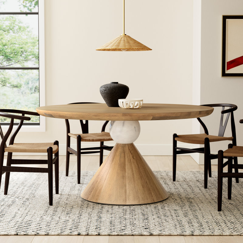 Eloisa Round Solid Wood Top Dining Table, Smoked Honey/Honed White Marble