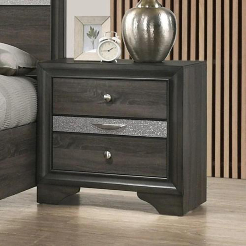 Table de chevet 3 tiroirs en bois avec boutons ronds en étain, Gris