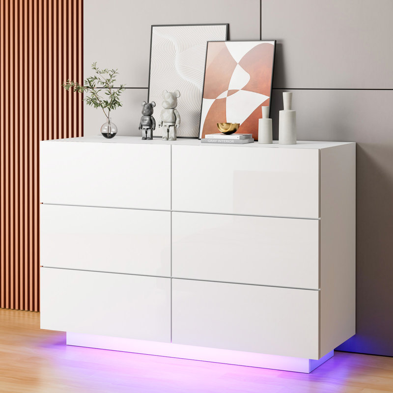 Commode 6 tiroirs avec lumière DEL Aylina, Blanc