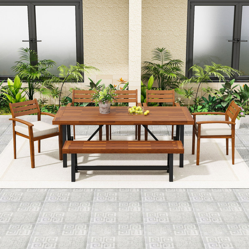 Ensemble repas d'extérieur 7 pièces avec coussins, chaises ergonomiques, banc et pieds réglables