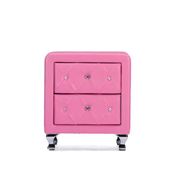  Stella Crystal Tufted Modern Nightstand in Pink Faux Leather with Chrome Legs