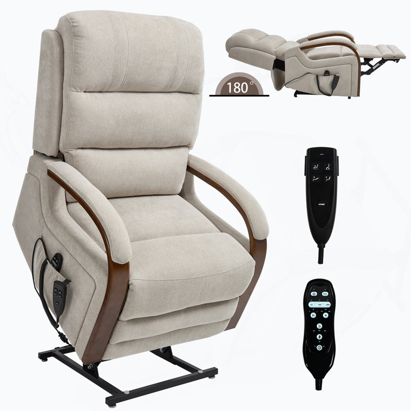Power Chenille Lift Recliner Chair Dual Motor Infinite Position Up To 350 LBS With Solid Wood Armrests, Heat Massage And Heavy Duty Motion Mechanism