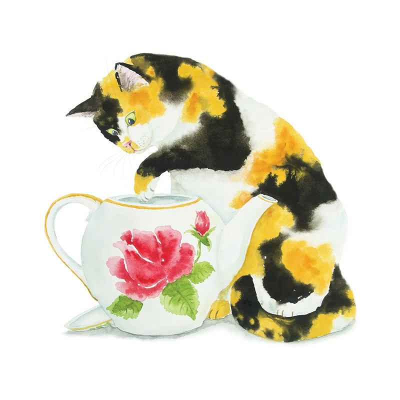 Calico Cat And Teapot by Alexey Dmitrievich Shmyrov - Wrapped Canvas Print, 30.48 cm H x 30.48 cm W