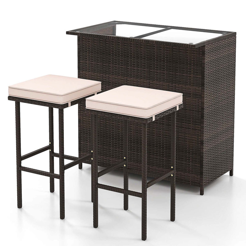 3 Pcs Patio Bar Set With Tempered Glass Tabletop 2-tier Storage Removable Cushions