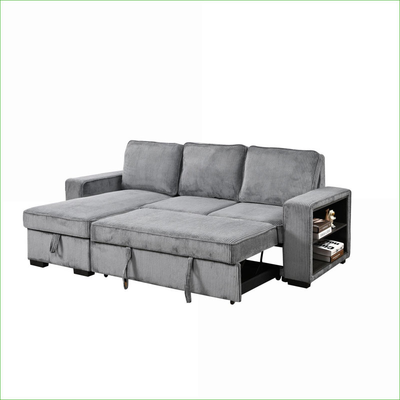 Canapés modulaires | Canapé-lit moderne en L coulissant pour salon, méridienne de rangement, USB, porte-gobelets, gris anthracite | Gris foncé | Rembourré