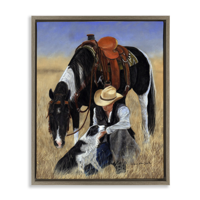 Cowboy avec chien et cheval, H 21 po x l 17 po, Cadre flottant orme Montalcino