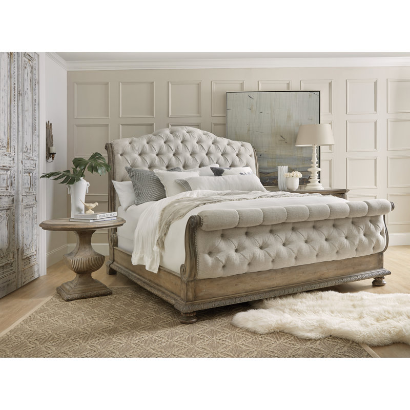 Beige and Brown King Upholstered Sleigh Bed with Tufted Headboard
