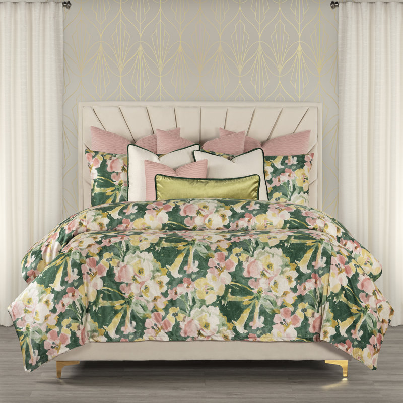 Polyester Velvet Floral Duvet Cover & Insert, Twin Duvet + 1 Shams + 2 Throw Pillows, Green/Pink