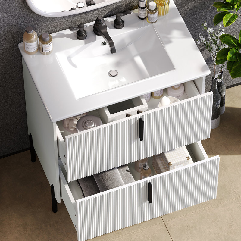 Meuble-lavabo de 30 po avec lavabo en céramique et tiroirs pleine extension, glissières de tiroir à fermeture en douceur, conception cannelée,