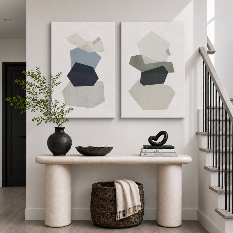 Mid-Century, formes géométriques pastel bleues et vertes, formes abstraites modernes sur toile, 2 pièces, Toile tendue