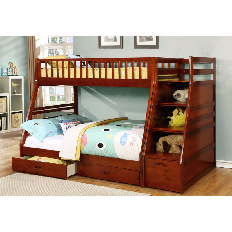 Mimi Twin Over Full Bunk Bed with Underneath Drawers and Staircase, Walnut