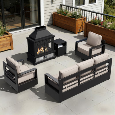 5-Piece Outdoor Aluminum Patio Conversation Set with Fire Pit,Gas Cylinder Rack,Swivel Chairs,Sofa and Beige Cushions