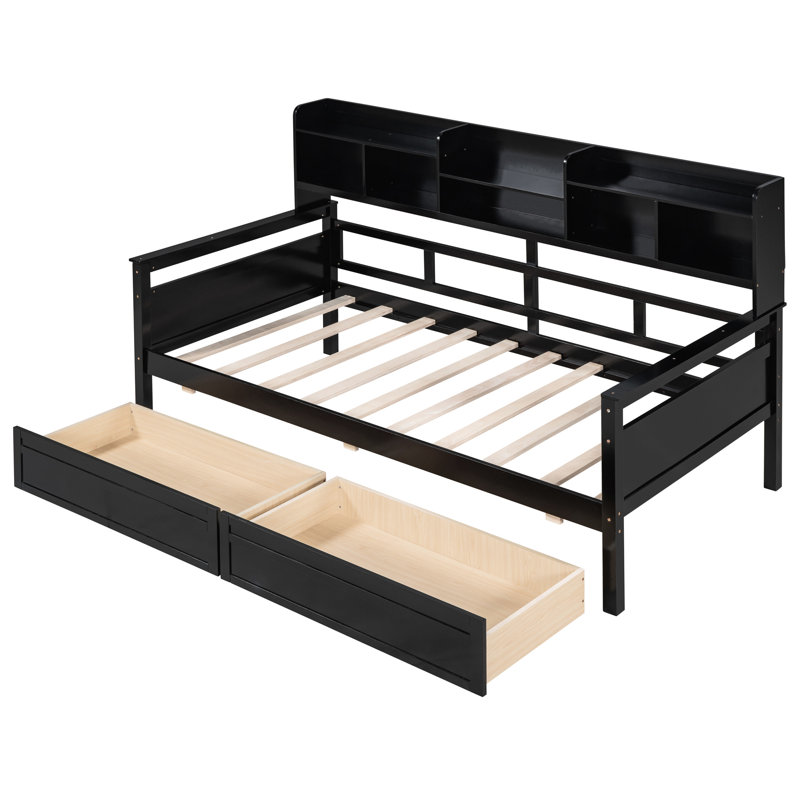 Twin Size Daybed In , With Solid Wood Slats And Functional Storage For Your Home Frame, Bedside Shelves, Two Drawer Compartments