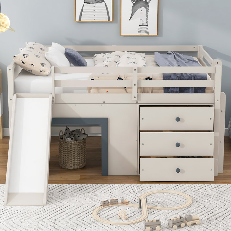Full Low Loft Bed With Storage, Beige