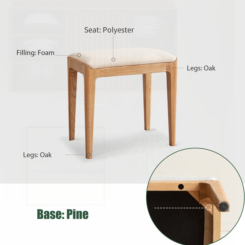 Tabouret de coiffeuse en chêne rouge massif, Naturel