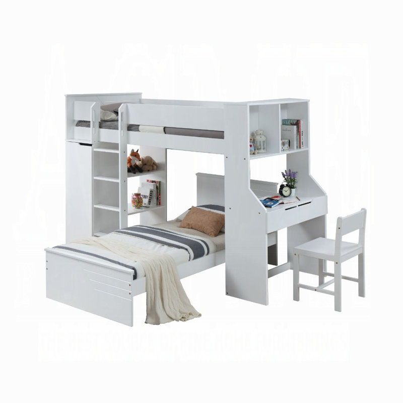 Lit mezzanine simple blanc avec bureau et garde-robe