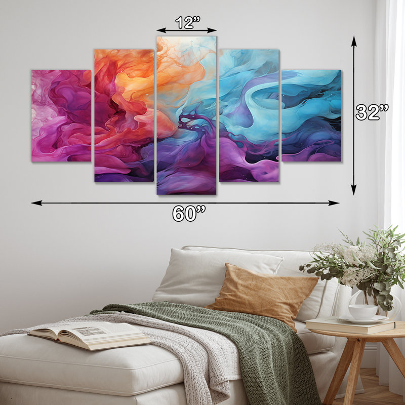 Encre liquide liquide, nuages magenta mauve doré - décoration murale en marbre 5 pièces, H 32 po x l 60 po