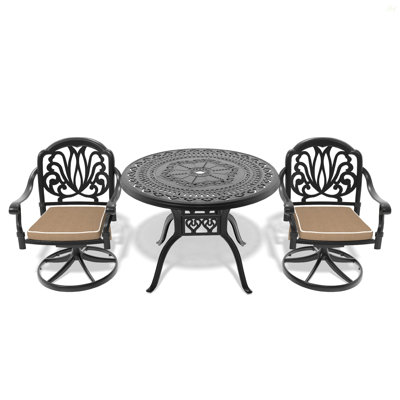 Ensemble de salle à manger 3 pièces en aluminium coulé toutes saisons comprenant 2 chaises pivotantes et une table ronde de 39,37 po avec structure noire