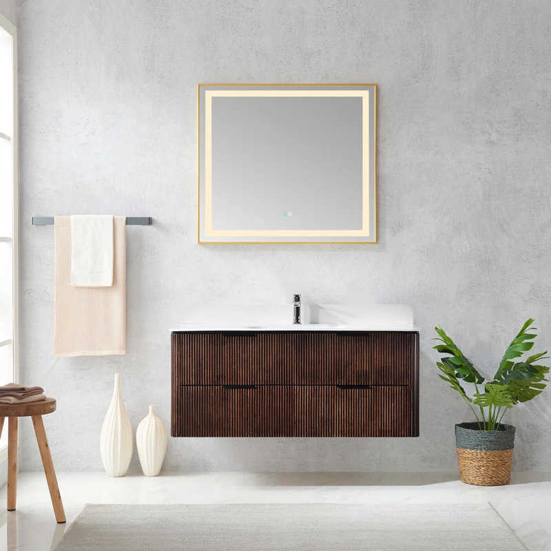 Meuble-lavabo mural de style médiéval flottant en noyer de 48 po entièrement assemblé