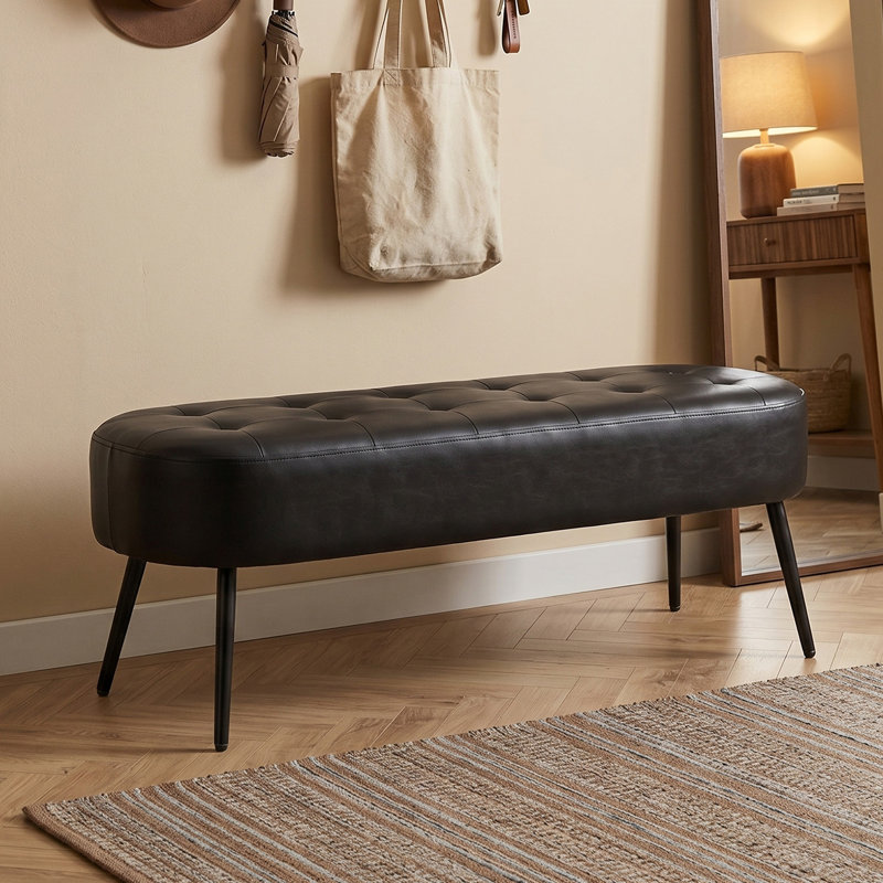 Banc de hall d'entrée en similicuir 43,7 po Mid-Century, Black