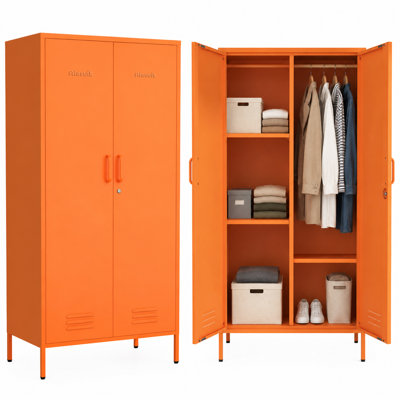Metal Armoire Wardrobe Closet, 67" Tall Orange Lockable Wardrobe Cabinet with 2 Doors, Hanging Rod and Adjustable Shelves, Steel Clothing Storage Cabinet for Bedroom, Home, Cloak Room, Gym, Office