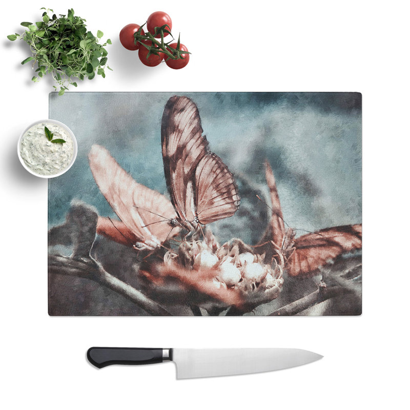 Tempered Glass Pink Butterflies Chopping Board, 20 cm x 28.5 cm