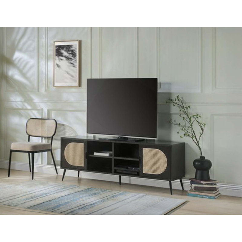 Evonne Faux Rattan TV Stand with Metal Legs & Open Storage