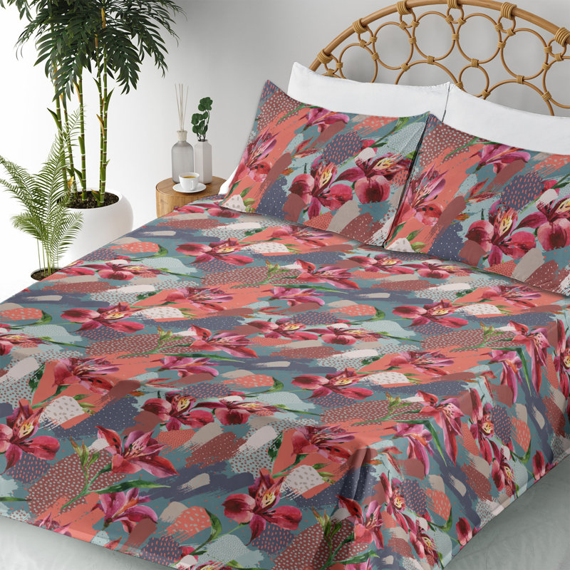 Ambesonne Watercolor Botany Sheet Set 4 Pcs Retro Boho Bloom, Dark Pink Coral Indigo Floral