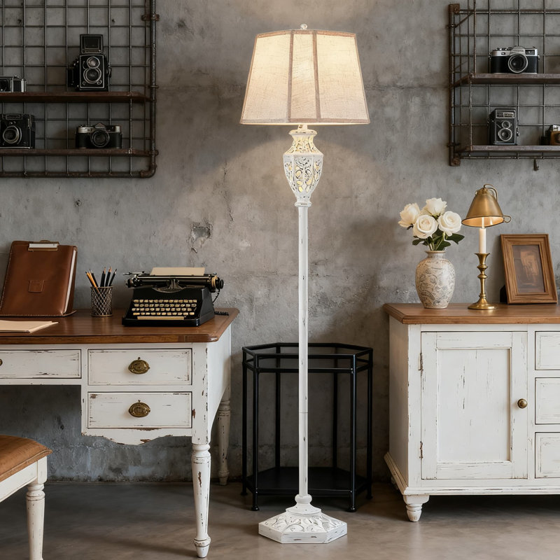 Rustic Floor Lamp With Hollow Carved Resin Base And Night Light, Farmhouse Vintage Standing Lamp For Living Room And Bedroom Decor, Includes Bulb