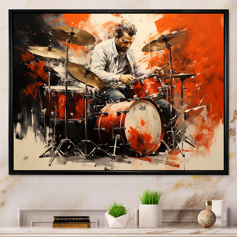 Deep Red Drum Beat, peinture I - musique, art mural, Cadre d'angle fermé noir, H 30 po x l 40 po x P 1,5 po