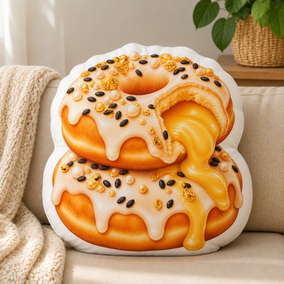 Glazed Donut Stack Cream Filling Black Seed Golden Sprinkle 3D Shaped Stuffed Throw Pillow Decorative Cushion Pillow for Sofa Bedroom Room Decor Gift, 13.77inch
