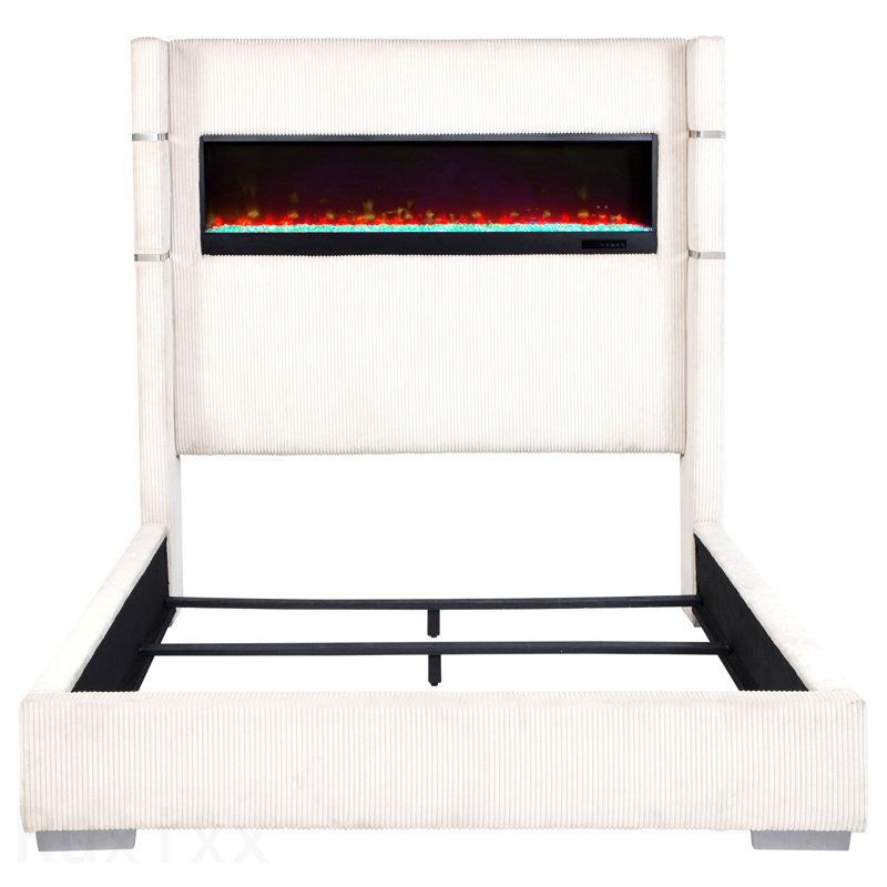 Judah Cream Upholstered Queen Flame Visualizer Bed, Cream, Queen