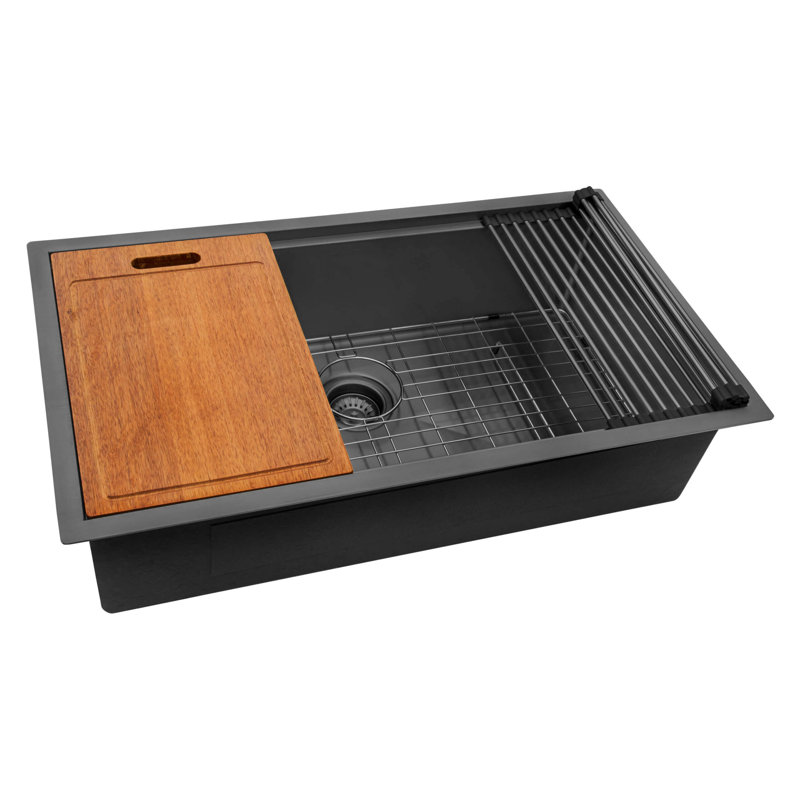 Workstation 33" L x 19" W Undermount Kitchen Sink with Sink Grid, Matte Black, 33" L x 19" W