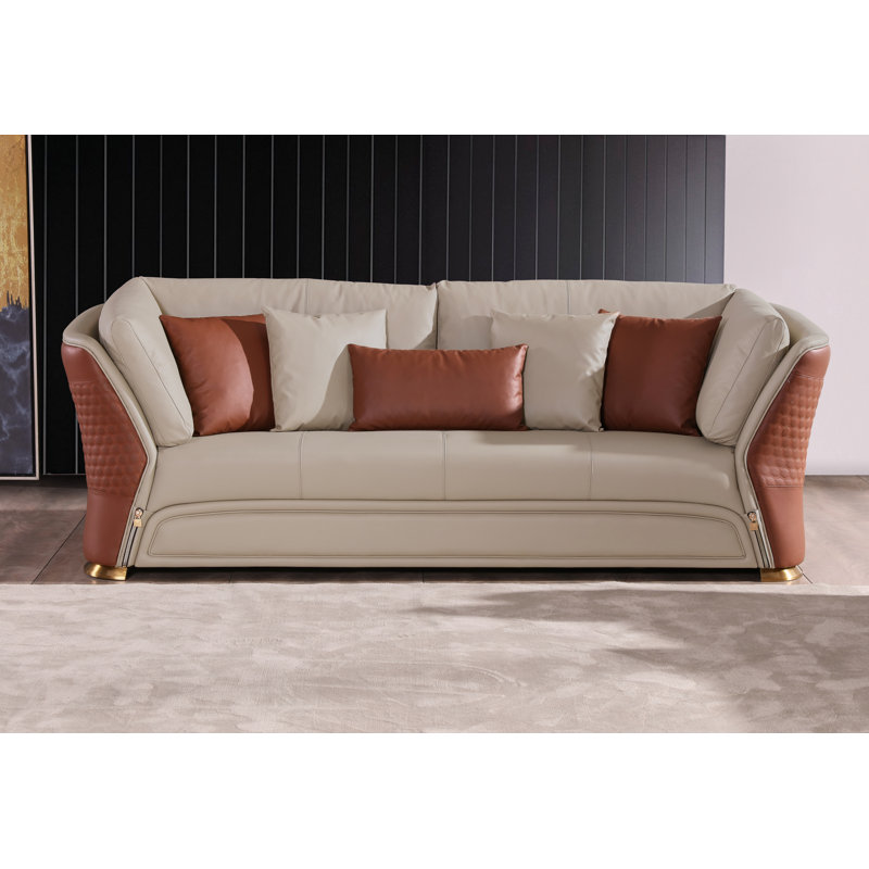 Leather Sofa, Beige/Cognac Genuine Leather