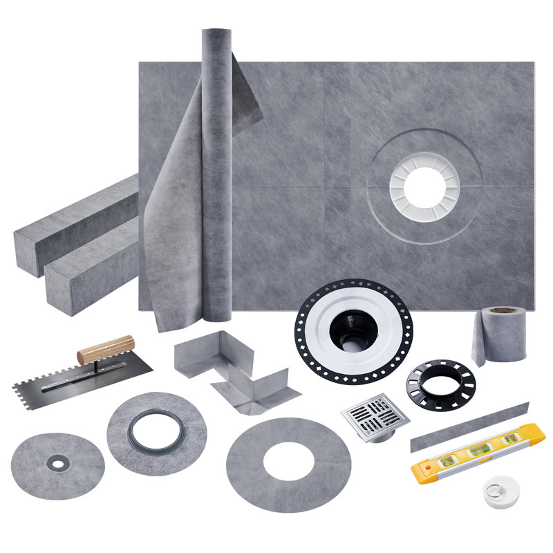 38" x 60" Shower Curb Kit, Full Shower Installation Set with Tray, Curb, Waterproof Membrane, Seals, Corners, Bonding Flange, Trowel & Level – Center Outlet