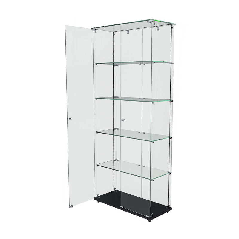 Vitrine à 4 niveaux en verre avec 5 modes DEL dynamiques, portes doubles et tablettes fixes, vitrine sur pied pour bureau personnel ou présentoir de magasin
