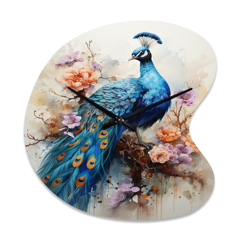 «Noh Blue Coral Indian Art Dancing Peacock II», horloge murale en forme d'art indien, Petit