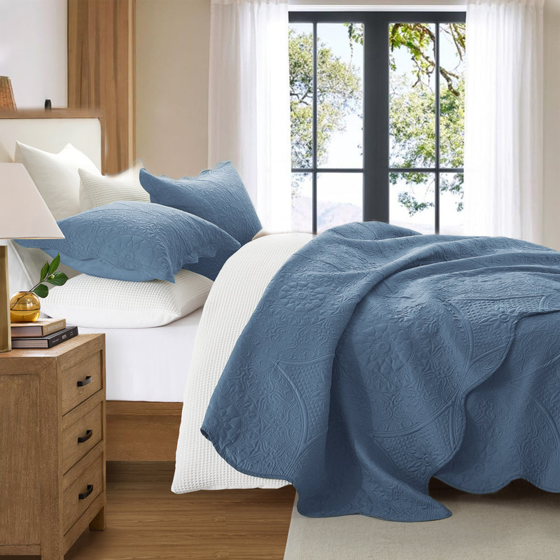 Floral Embossed Microfiber Quilted Bedspread Set, Washed Blue, Queen Coverlet/Bedspread + 2 Standard Pillowcases