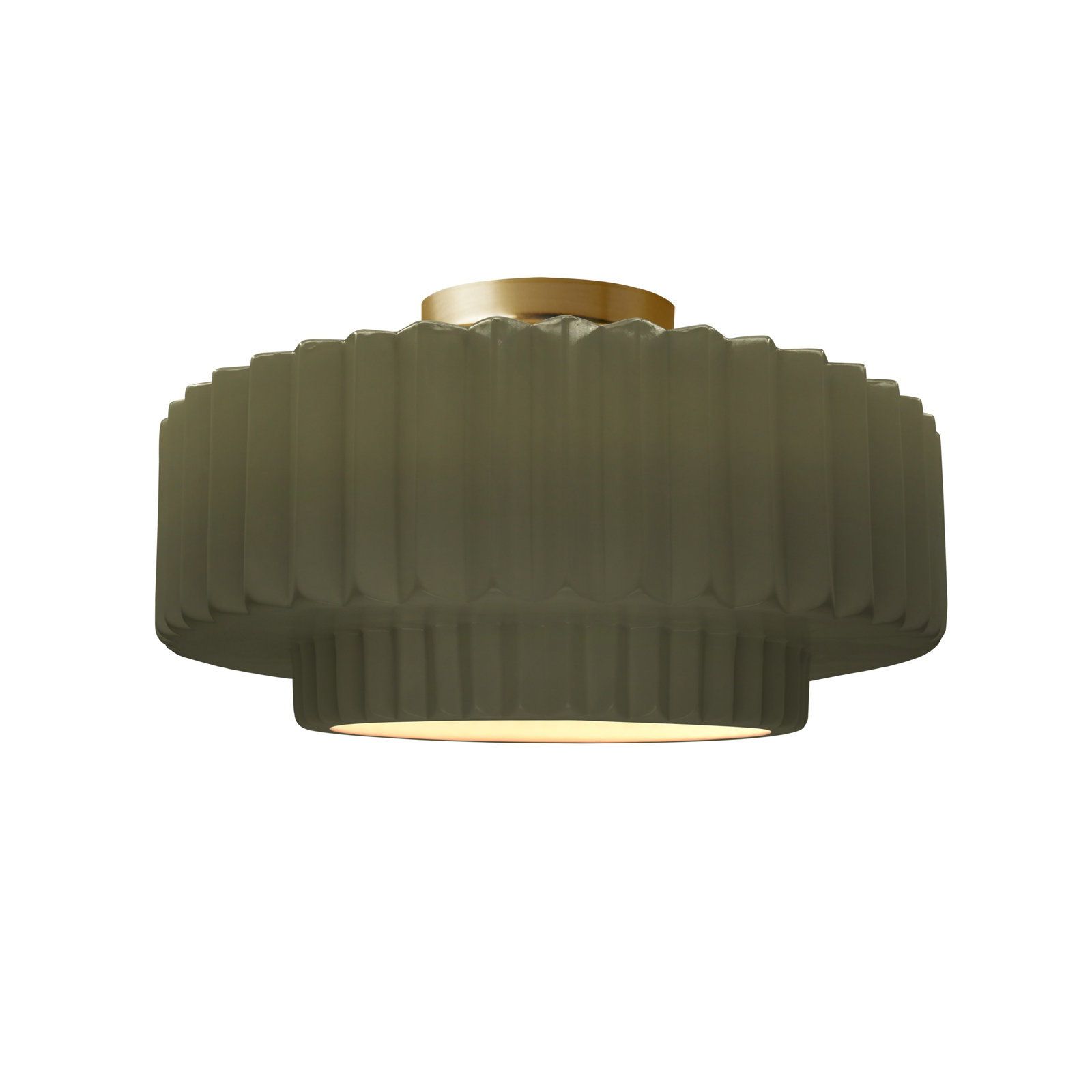 Single Light Ceramic LED Semi Flush Mount, 7.25" H x 14.5" W x 14.5" D, Matte Green, Brushed Brass