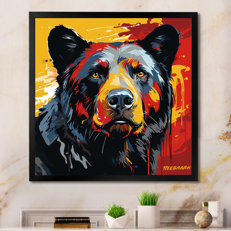 Illustration abstraite d'ours coloré I - Ours 2, art mural, Cadre simple noir, H 30 po x l 30 po x P 1,5 po