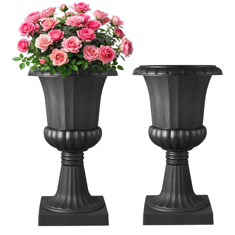 Plastic Urn Planters 15.75 x 26.4 Inch Black Floral Pedestal Flower Pots, 26.4" H x 15.74" W x 15.74" D, Black