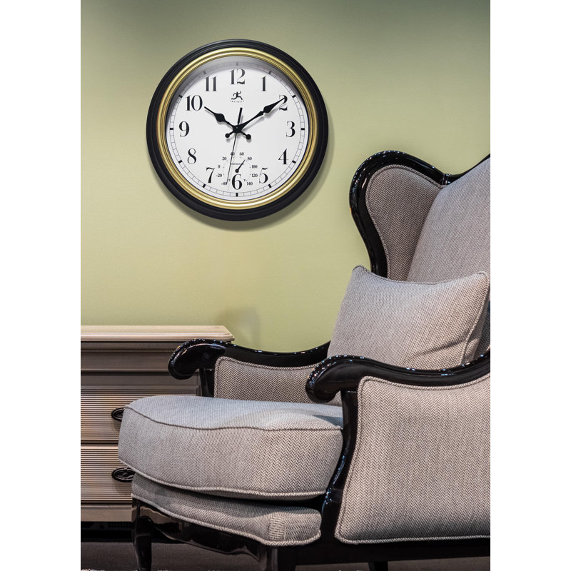 12-Inch Black and Gold Round Wall Clock with Thermometer