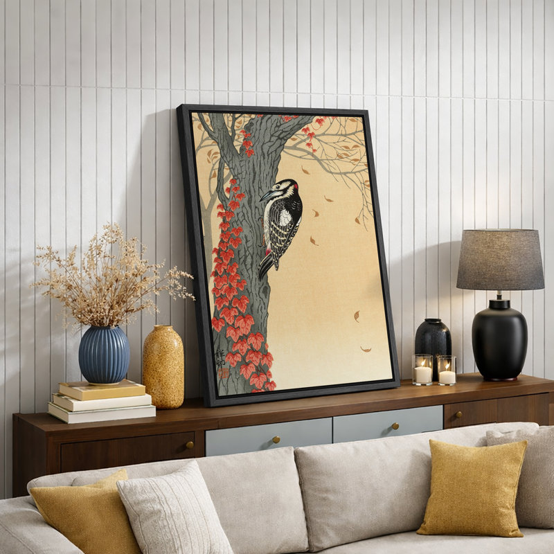 Illustration d'un pic sur un arbre d'automne, images d'oiseaux classiques, impression sur toile encadrée, Cadre flottant noir