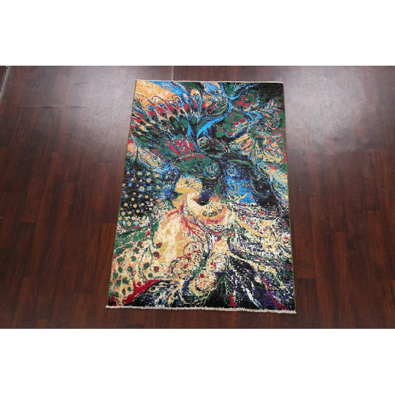 Tapis unique en laine / soie noué à la main 4 pi 1 po x 6 pi 1 po bleu / rose / vert / noir New Age