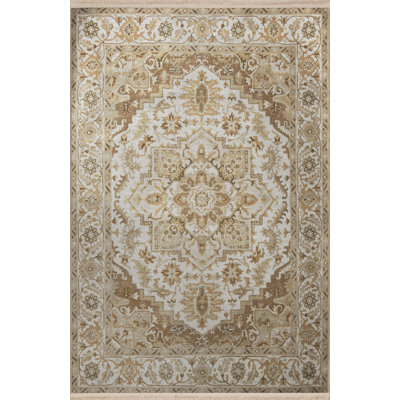 Beige Themed Traditional Motif Patterned Fringed Vintage Decorative Rug