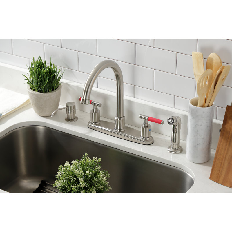 Kingston Brass Kaiser Two-Handle 4-Hole 8" Centerset Kitchen Faucet with Side Sprayer, Brushed Nickel