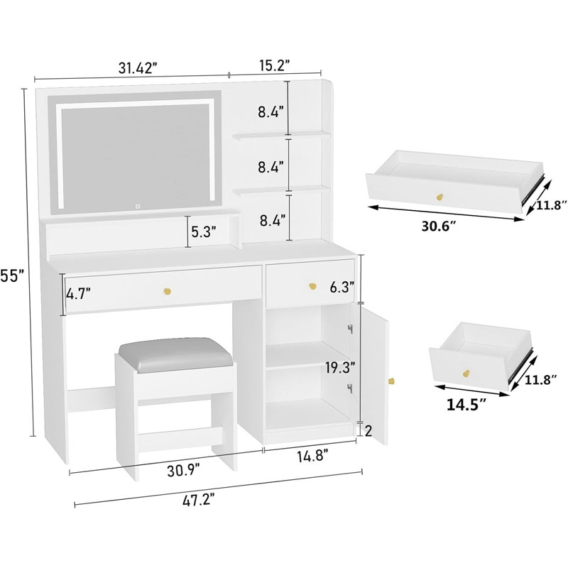 Ensemble de coiffeuse avec lumières DEL, tabouret et station de charge rapide, Blanc