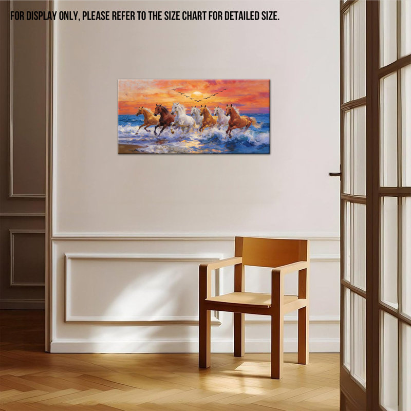 Chevaux, art mural sur toile - Cheval brun et blanc courant, peinture de paysage coucher de soleil océan, œuvre d'art animalière, prête à être accrochée, pour le salon, la chambre, le bureau à domicile, 12 po x 24 po