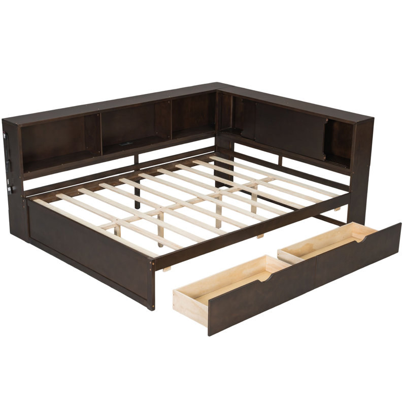 Queen Size Wood Daybed with LED, USB, 2 Drawers & Built-in Storage Shelves, Brown, Brown