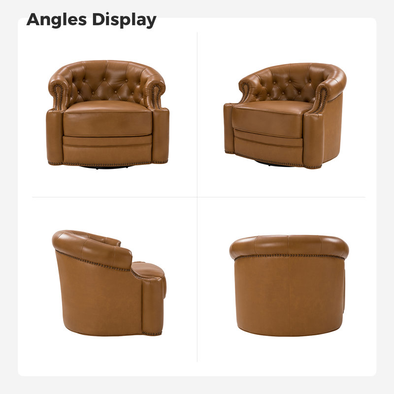 Toiya 31.5" Wide Genuine Leather Swivel Chair, Camel